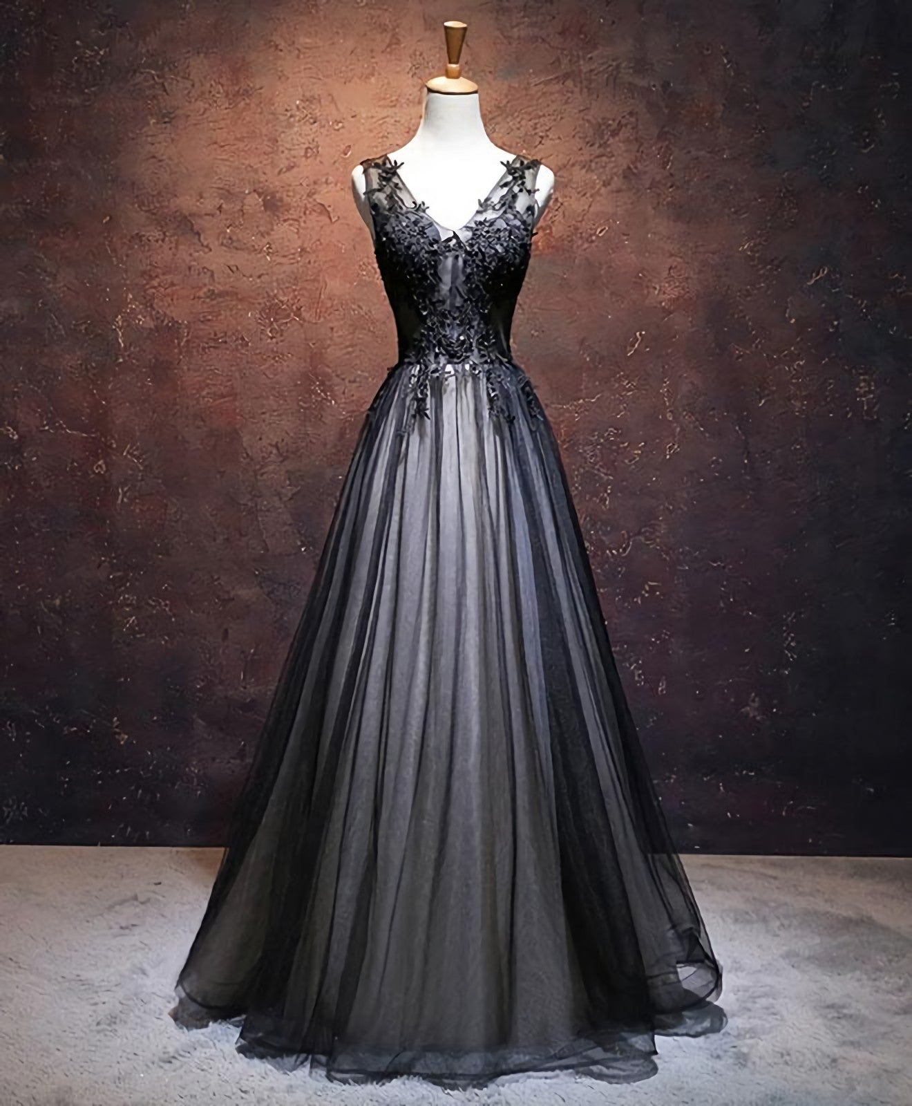 Black V Neck Tulle Lace Applique Long Corset Prom Dress, Black Evening Dress, 1 Gowns, Prom Dresses Princess