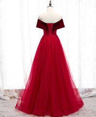 Burgundy Tulle Off Shoulder Long Corset Prom Dress, Burgundy Corset Formal Dress outfit, Formal Dress Shops Near Me