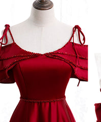 Burgundy Satin Beads Long Corset Prom Dress, Burgundy Evening Dress outfit, Formal Dress Store