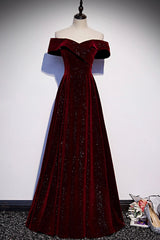 Burgundy Velvet Long Corset Prom Dresses, Off the Shoulder Evening Dresses outfit, Princess Prom Dress