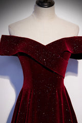 Burgundy Velvet Long Corset Prom Dresses, Off the Shoulder Evening Dresses outfit, Prom Dress Sleeve