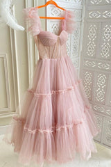 Pink Tulle Short Corset Prom Dresses, A-Line Party Corset Homecoming Dresses outfit, Bridesmaid Dresses Blush Pink