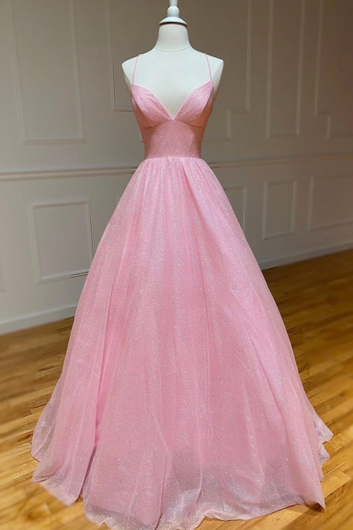 Pink V-Neck Tulle Long Corset Prom Dresses, A-Line Backless Evening Dresses outfit, Prom Dress 2044