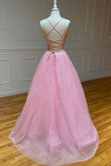 Pink V-Neck Tulle Long Corset Prom Dresses, A-Line Backless Evening Dresses outfit, Bridesmaid Propos