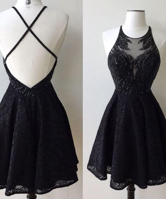 A-Line Jewel Backless Short Black Lace Corset Homecoming Dress 2024 with Beading outfit, Bridesmaids Dresses Colorful