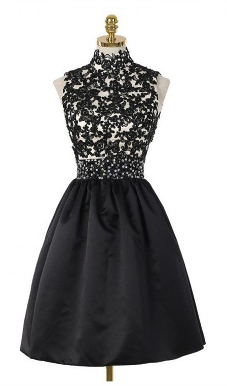 A-Line High Neck Open Back Above-Knee Black Corset Homecoming Dress 2024 with Lace Sequins Gowns, Bridesmaids Dress Color