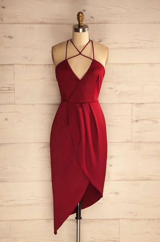 Sheath Halter Asymmetrical Dark Red Satin Corset Homecoming Dress outfit, Bridesmaid Dresses Colors