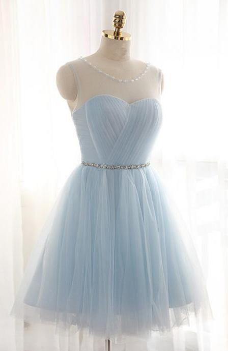 A-Line Jewel Light Blue Tulle Short Corset Homecoming Dress 2024 with Beading Pleats Gowns, Bridesmaids Dresses Color Palettes