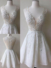 A-Line Deep V-Neck White Lace Short Corset Homecoming Dress with Appliques Beading outfit, Bridesmaid Dresses Champagne