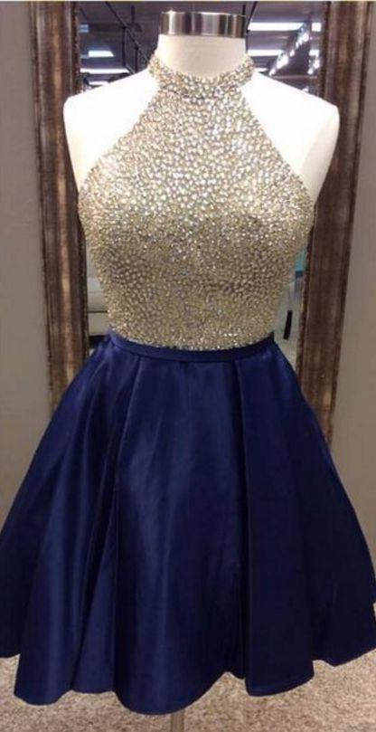 A-Line Jewel Navy Blue Satin Short Corset Homecoming Dress 2024 with Beading outfit, Bridesmaids Dress Colors