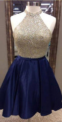 A-Line Jewel Navy Blue Satin Short Corset Homecoming Dress 2024 with Beading outfit, Bridesmaids Dress Colors