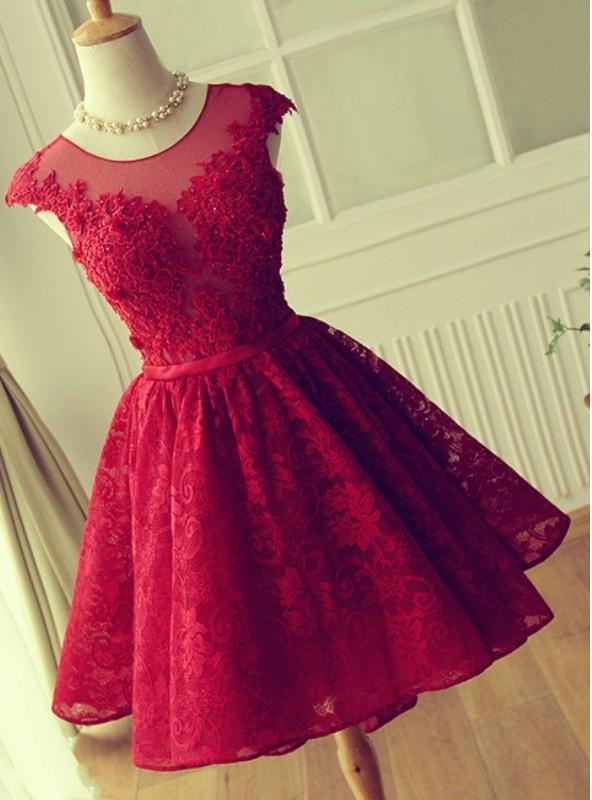 A-Line Jewel Cap Sleeves Red Lace Short Corset Homecoming Dress 2024 with Beading outfit, Bridesmaid Dresses Neutral