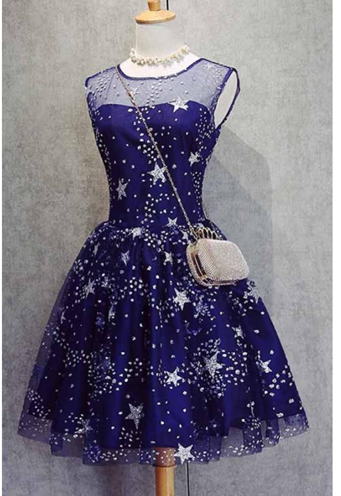 A-Line Scoop Royal Blue Tulle Short Corset Homecoming Dress 2024 with Appliques Gowns, Bridesmaids Dresses Colors