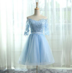A-Line Off the Shoulder Half Sleeves Light Blue Tulle Corset Homecoming Dress 2024 with Appliques Gowns, Bridesmaid Dress Color Palettes
