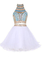 Two Piece High Neck White Tulle Short Corset Homecoming Dress 2024 with Beading Rhinestone outfits, Bridesmaid Dresses Blush