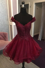 Off the Shoulder Short Burgundy Corset Homecoming Dress outfit, Prom Dresses Country