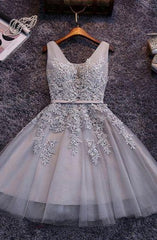 Princess/A-Line V-Neck Appliques Gray Tulle Homecoming/Corset Prom Dresses outfit, Bridesmaids Dresses Modest