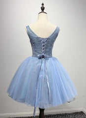 A-Line Crew Neck Blue Appliques Corset Homecoming Dress 2024 Gowns, Bridesmaid Dresses Style