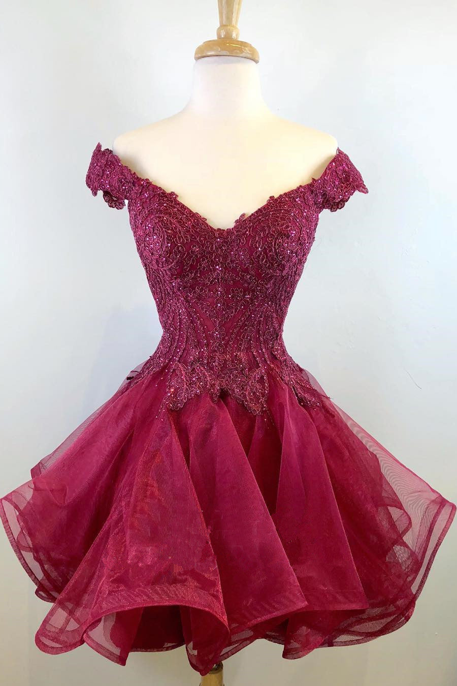 Princess Off the Shoulder Wine Red Short Corset Homecoming Dress outfit, Bridesmaid Dresses Mismatched Summer