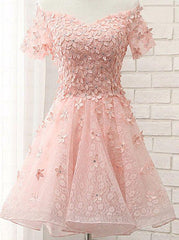 Princess/A-Line Off-the-Shoulder Appliques Short Coral Lace Homecoming/Corset Prom Dresses outfit, Bridesmaid Dress Idea
