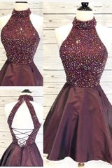 High Neck Short Sparkle Burgundy Corset Homecoming Dress outfit, Formal Dresses Ballgown