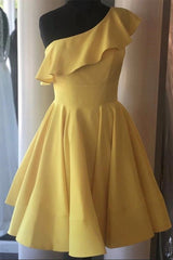 One Shoulder Ruffled Short Yellow Corset Homecoming Dress outfit, Prom Dresses Suits Ideas