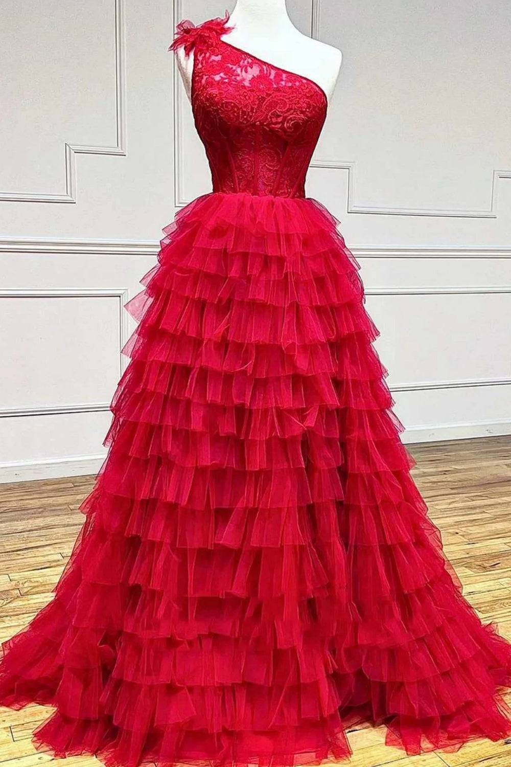 Red One Shoulder Corset Tiered Long Corset Prom Dress with Ruffles Gowns, Rustic Wedding