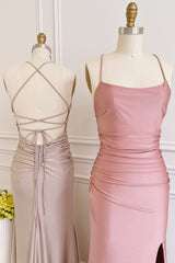 Dusty Pink Satin Lace-Up Sheath Long Corset Bridesmaid Dress with Slit Gowns, Party Dress Ball