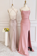 Dusty Pink Satin Lace-Up Sheath Long Corset Bridesmaid Dress with Slit Gowns, Party Dress A Line