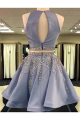 A Line 2 Pieces Beaded Satin Short Corset Homecoming Dresses, Scoop outfit, Evening Dress Simple