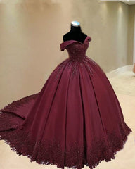 burgundy Corset Ball gown quinceanera dresses lace off the shoulder outfit, Winter Formal