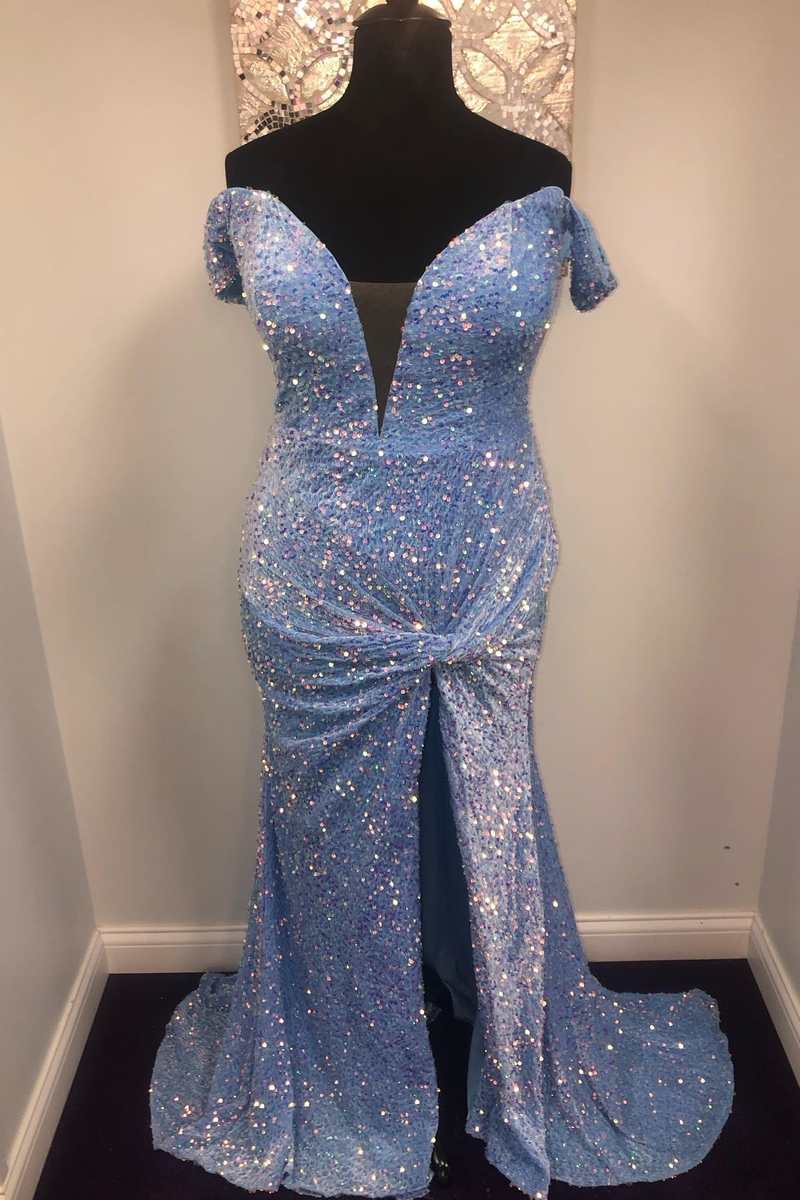 Blue Sequin Off-the-Shoulder Twist-Front Mermaid Long Corset Prom Dress outfits, Bridesmaids Dresses Beach