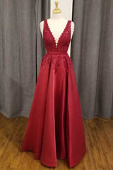 Red Lace Satin Plunge V A-Line Corset Prom Dress outfits, Bridesmaids Dress Floral