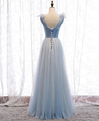 Simple Blue V Neck Tulle Long Corset Prom Dress, Blue Corset Formal Dress outfit, Homecomming Dresses With Sleeves