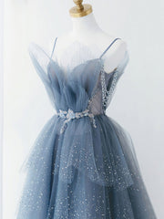 Gray Blue Tulle Beads Long Corset Prom Dress, Blue Tulle Corset Formal Dress outfit, Evening Dress Shops Near Me