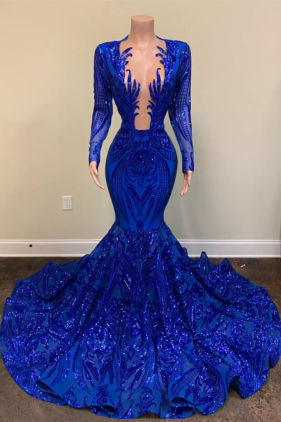 Hot Sparkle Royal Blue Sequin Long sleeves Mermaid Corset Prom Dresses outfit, Party Dresses Summer Dresses