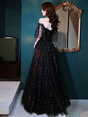 Black Tulle Off Shoulder Tulle Long Corset Prom Dress, Black Evening Dress outfit, Prom Dresses Long
