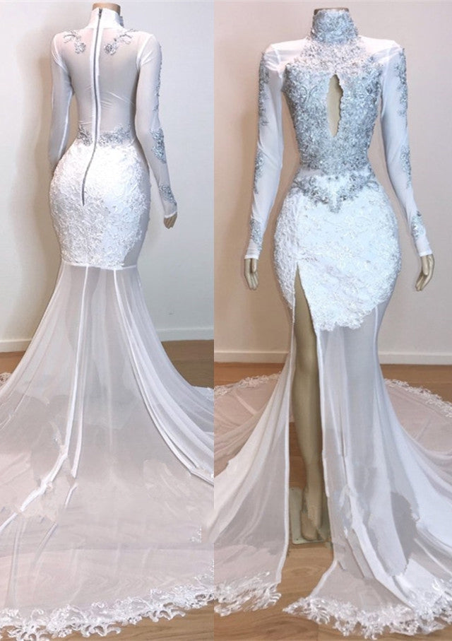 2024 White Long Sleeve High Neck Lace and Tulle Side Slit Mermaid Corset Prom Dresses outfit, Summer Wedding