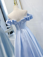 Blue A Line Off Shoulder Long Corset Prom Dress, Blue Evening Dress outfit, Prom Dress With Slit