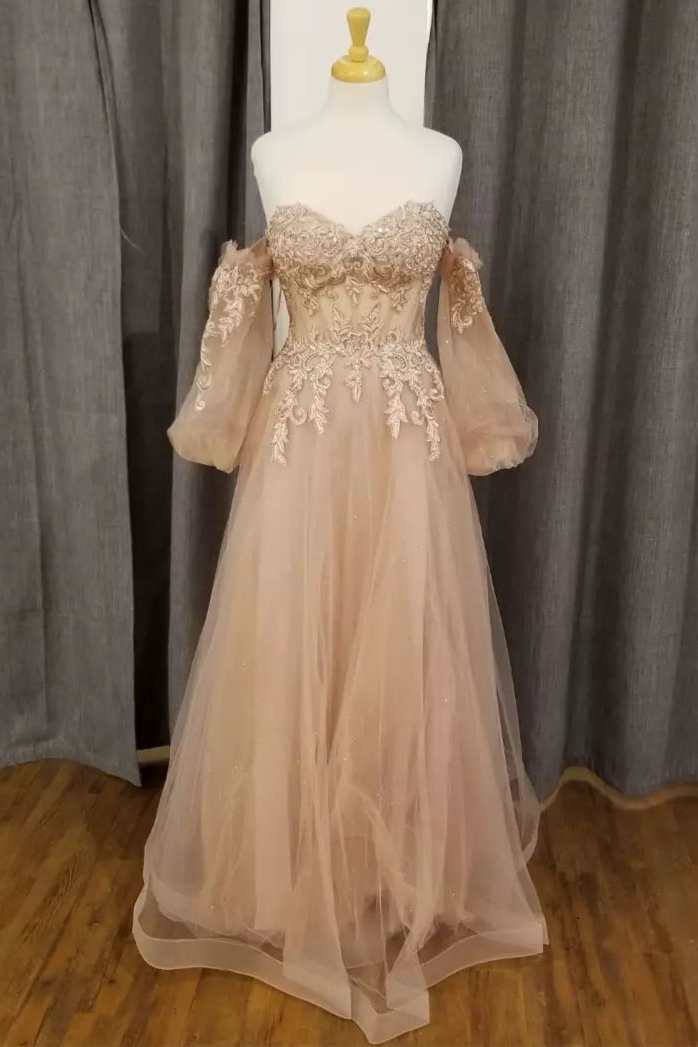 Champagne Tulle Lace Sweetheart A-Line Corset Prom Dress with Puff Sleeves Gowns, Bridal Shoes