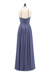 Navy Blue Chiffon Halter Backless A-Line Long Corset Bridesmaid Dress outfit, Prom Dress Idea