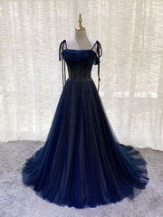 Dark Blue Tulle Sequin Long Corset Prom Dress, Blue Tulle Corset Formal Dress outfit, Party Dresses Black