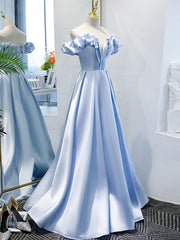 Blue A Line Off Shoulder Long Corset Prom Dress, Blue Evening Dress outfit, Prom Dress Simple