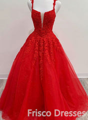 Red Tulle Lace A Line Corset Formal Evening Dresses Appliques Long Corset Prom Dresses outfit, Party Dress Cheap