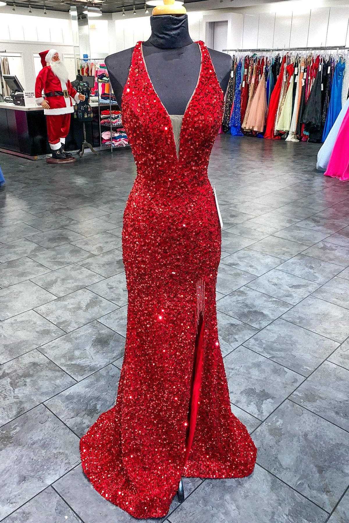 Red Sequin Plunge V Backless Mermaid Long Corset Prom Dress with Slit Gowns, Wedding Pictures Ideas