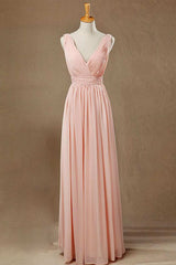 Elegant Plush Pink V-Neck Open Back A-Line Long Corset Bridesmaid Dress outfit, Go Out Outfit