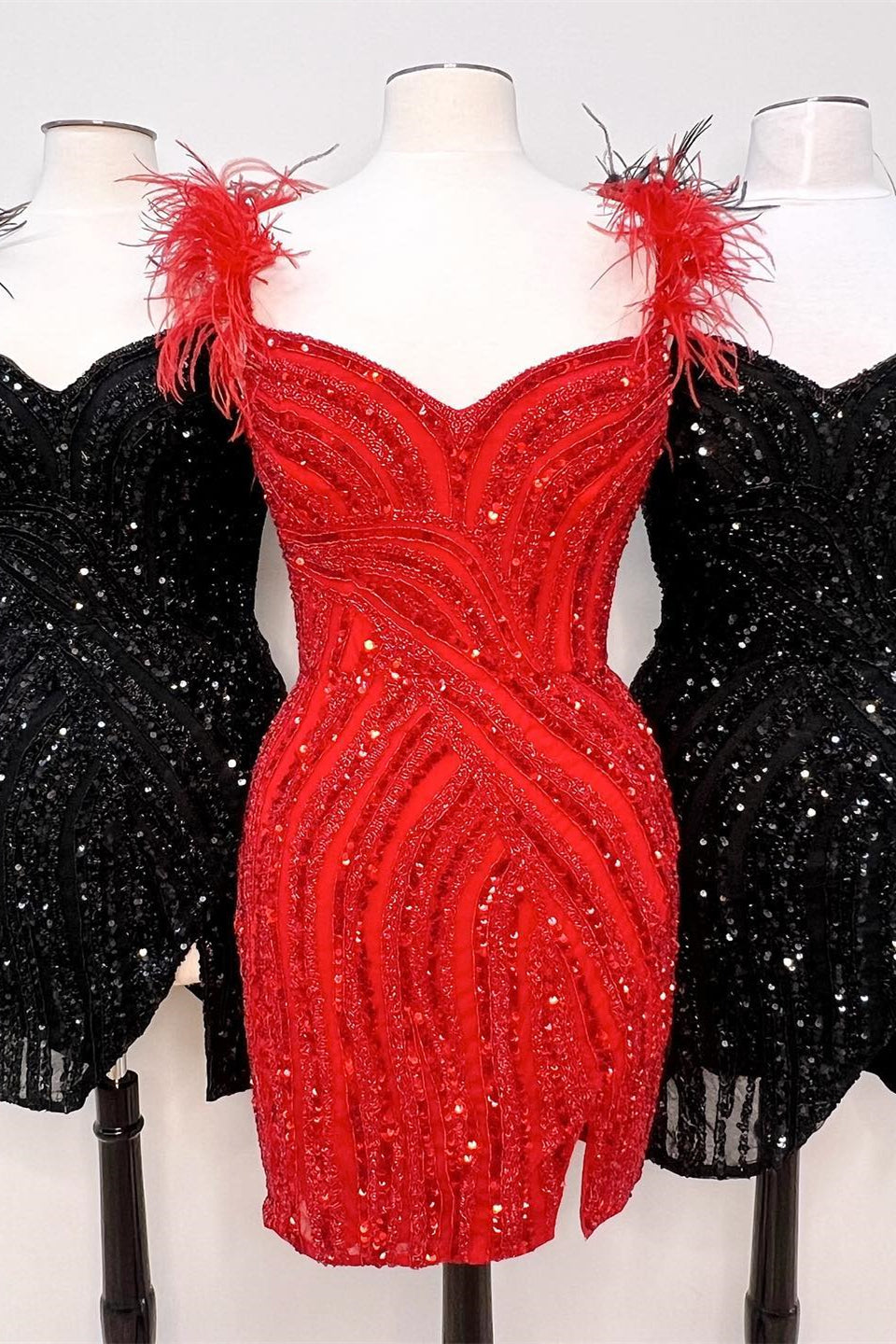 Red V Neck Feathers Sequins Sheath Corset Homecoming Dress outfit, Black Tie Wedding Guest Dress