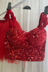 Red Two-Piece Sequins Top Bow Tie Straps A-line Corset Homecoming Dress outfit, Party Dress Outfit