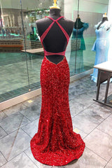 Red Sequin Plunge V Backless Mermaid Long Corset Prom Dress with Slit Gowns, Beach Wedding Guest Dress