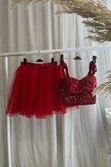 Red Two-Piece Sequins Top Bow Tie Straps A-line Corset Homecoming Dress outfit, Party Dresses Short